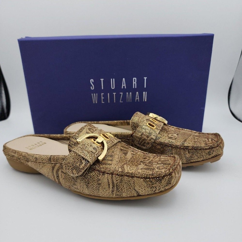 Stuart Weitzman Beltmule Suede Tan/Gold Nairobi Patch Shoes Slides $395 Spain